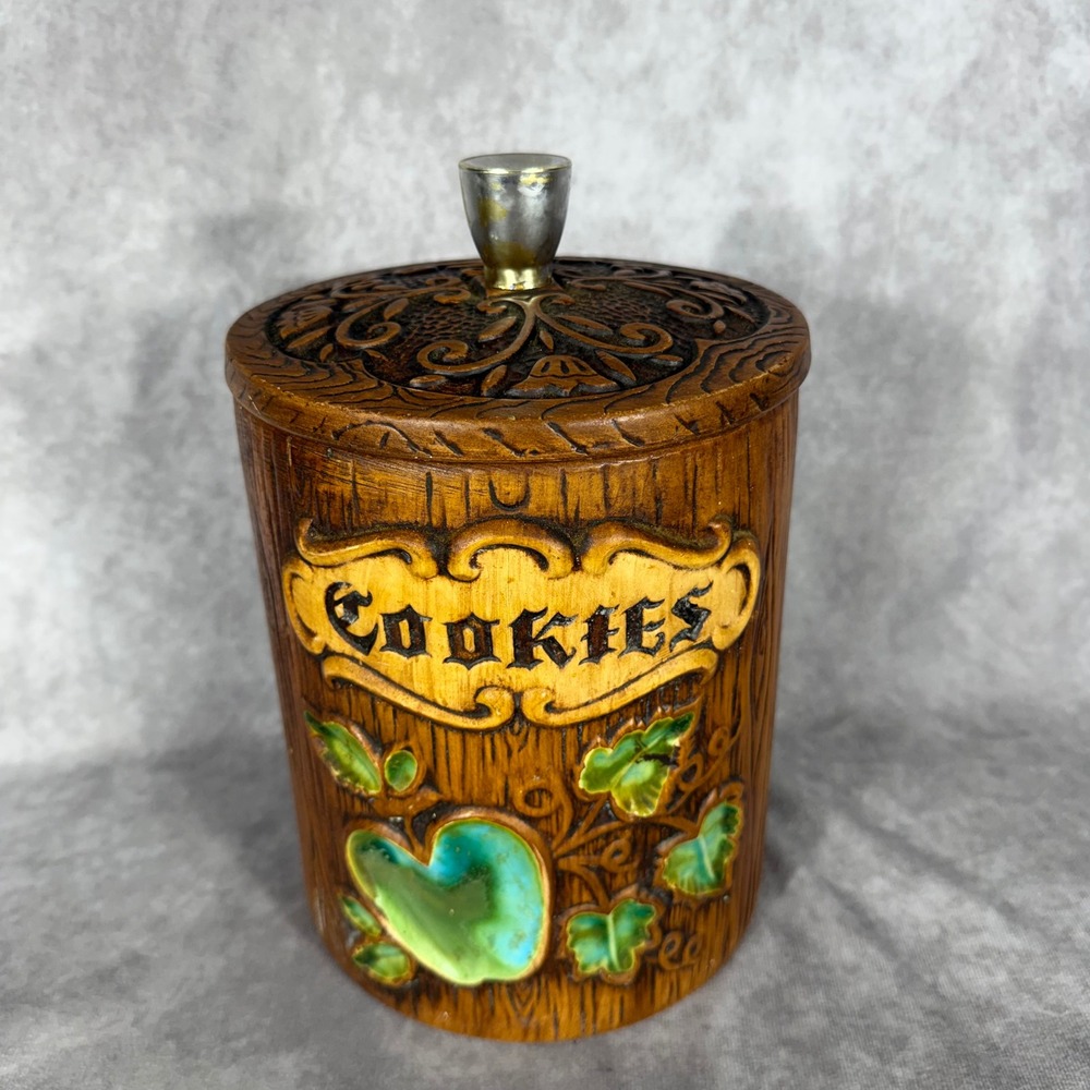 Vtg Treasure Craft Ceramic Cookie Jar Faux Wood Grain Apple Ivy Lid USA‎ Grandma